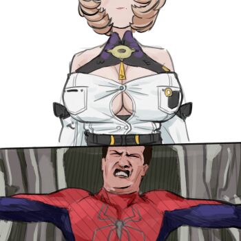 1boy 1girl absurdres akaika_(aka) bare_shoulders bodysuit breast_focus breasts buttons cleavage clenched_teeth closed_mouth commentary_request comparison highres large_breasts light_smile marvel mole mole_under_mouth off-shoulder_shirt off_shoulder parody shirt spider-man spider-man_(series) spider-man_2 straight-on struggling superhero_costume teeth upper_body yidhari_murphy zenless_zone_zero