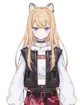 1girl animal_ear_piercing animal_ears black_jacket blonde_hair blush closed_mouth commentary_request cowboy_shot dog_ears dog_girl double-parted_bangs hood hood_down hoodie jacket kmnz lita_(kmnz) long_hair long_sleeves looking_at_viewer no_name_ver1 purple_eyes simple_background sleeveless sleeveless_jacket smile solo virtual_youtuber white_background white_hoodie