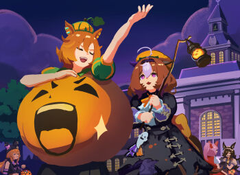 5girls absurdres ago_(owenanaken) ahoge alternate_costume animal_ear_headwear animal_ears ascot bat_wings black_dress black_gloves black_hat bow breasts brown_hair cape closed_eyes closed_mouth crown double-parted_bangs dress ear_covers fake_animal_ears fingerless_gloves flipped_hair frilled_hairband frills ghost_ornament gloves hair_between_eyes hair_over_one_eye hairband halloween halloween_bucket halloween_costume haru_urara_(umamusume) hat highres holding horse_ears horse_girl horse_tail jack-o&#039;-lantern_brooch jack-o&#039;-lantern_ornament lantern long_hair long_sleeves low_twintails mayano_top_gun_(rockin&#039;_mewmeow)_(umamusume) mayano_top_gun_(umamusume) medium_hair meisho_doto_(dot-o&#039;-lantern)_(umamusume) meisho_doto_(umamusume) midriff multicolored_hair multiple_girls night official_alternate_costume official_alternate_hairstyle open_mouth orange_crown orange_hair orange_hat orange_ribbon outdoors pink_hair ponytail puffy_short_sleeves puffy_sleeves pumpkin_brooch pumpkin_costume pumpkin_hat purple_arm_warmers purple_eyes purple_hairband purple_wings red_cape ribbon rice_shower_(make_up_vampire!)_(umamusume) rice_shower_(umamusume) shirt short_hair short_sleeves single_ear_cover skirt smile striped_arm_warmers striped_sleeves t.m._opera_o_(umamusume) tail twintails two-tone_hair umamusume white_ascot white_hair white_shirt wings