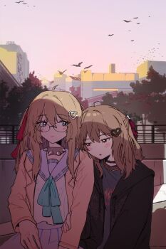 2girls :o ahoge alternate_costume aqua_bow aqua_bowtie bespectacled bird black_choker black_jacket black_shirt blue_eyes blue_sailor_collar blue_serafuku blue_skirt blush bow bowtie broken_heart broken_heart_hair_ornament brown_hair building chain chain_necklace choker closed_mouth collar commentary english_commentary evil_neuro-sama glasses gold_chain hair_between_eyes hair_intakes hair_ornament hair_ribbon head_on_another's_shoulder heart heart_hair_ornament highres jacket jewelry leaning_on_person lisadikaprio long_hair long_sleeves looking_at_another multiple_girls necklace neuro-sama outdoors pleated_skirt railing red_eyes red_ribbon ribbon sailor_collar school_uniform serafuku shade shirt siblings sidelocks sisters sitting skirt sky smile spiked_collar spikes tattoo_choker tree twilight twins two_side_up upper_body vedal_ai yellow_jacket