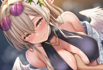 1girl absurdres angel_wings aviator_sunglasses black_one-piece_swimsuit blue_archive blush breasts brown-tinted_eyewear cleavage cleavage_cutout clothing_cutout feathered_wings grabbing_another&#039;s_breast groping halo highres long_hair looking_at_viewer low_wings nagisa_(blue_archive) nagisa_(swimsuit)_(blue_archive) official_alternate_costume official_alternate_hairstyle one-piece_swimsuit pink_halo ponytail shirt sidelocks sitting sunglasses sweat sweatdrop swimsuit tinted_eyewear white_shirt white_wings wings
