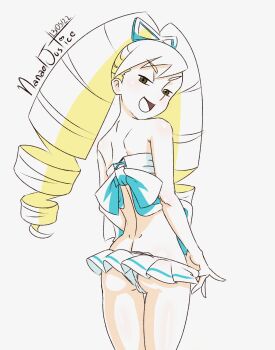 1girl artist_name bikini bikini_pull blonde_hair blue_bow bow cameltoe clothes_pull dated grey_background hair_bow half-closed_eyes highres loli looking_at_viewer looking_back luna_platz_(mega_man) mega_man_(series) mega_man_star_force_(series) nanaeljustice open_mouth petite pulling_own_clothes simple_background smile swimsuit white_bikini