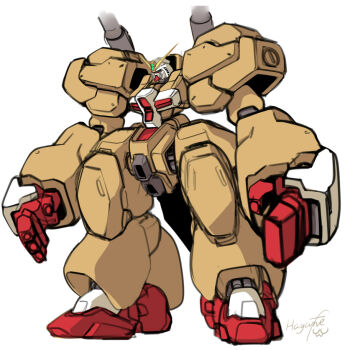 alternate_form armor artist_name commentary full_body g_gundam grand_gundam green_eyes gundam haganef joints mecha no_pupils piston robot robot_joints shoulder_armor signature simple_background small_head standing v-fin white_background