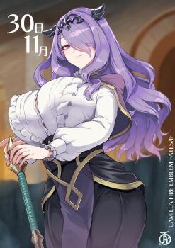 1girl alternate_breast_size_(larger) alternate_costume black_bra bra bra_peek breasts buttons camilla_(fire_emblem) camilla_(young_beauty)_(fire_emblem) casual fire_emblem fire_emblem_fates fire_emblem_heroes frilled_shirt frills hair_over_one_eye highres holding holding_weapon huge_breasts long_hair looking_at_viewer looking_down nintendo official_alternate_costume outdoors purple_eyes purple_hair revolverwing shirt smile solo thick_thighs thighs underwear very_long_hair wavy_hair weapon wide_hips