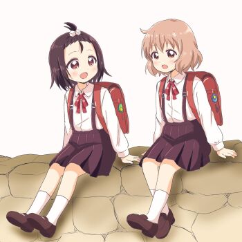 2girls backpack bag black_hair black_skirt bow bowtie brown_eyes brown_hair commentary_request cube_hair_ornament hair_ornament hands_on_ground highres honzoumiz long_sleeves looking_at_another mary_janes multiple_girls ogawa_kokoro oomuro-ke open_mouth randoseru red_bow red_bowtie school_uniform shirt shoes sitting skirt socks souma_mirai white_shirt white_socks yuruyuri