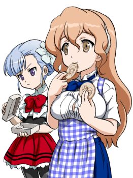 Rule 34 | 2girls, apron, bandabekken, black eyes, black pantyhose, blue apron, blue bow, blue bowtie, blue flower, blue hair, blue skirt, bow, bowtie, box, breasts, bronze parrot, brown eyes, brown hair, button gap, character-themed food, closed mouth, cookie, cowboy shot, cummerbund, eating, fin e ld si laffinty, flower, food, food theft, gingham apron, gingham clothes, hair between eyes, hair flower, hair ornament, hairband, holding, holding box, holding cookie, holding food, kobeya uniform, large breasts, looking at object, looking down, muginami, multiple girls, open box, pantyhose, partially unbuttoned, red bow, red bowtie, red skirt, shirt, skirt, smile, v-shaped eyebrows, waitress, white hairband, white shirt