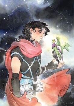 2boys androgynous billy_maximoff black_gloves black_hair black_pants black_shirt blonde_hair cloak colored_skin comic_cover commentary_request couple cover cover_page earrings fingerless_gloves gloves green_skin green_wings grey_eyes highres hulkling jewelry long_hair male_focus marvel multiple_boys multiple_piercings official_art pants peach_momoko profile red_cloak shirt short_hair size_difference superhero_costume textless_version upper_body wiccan wings yaoi young_avengers