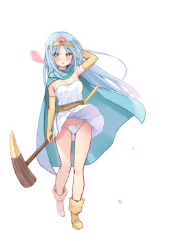 1girl arm_behind_head arm_up armpits blue_cloak blue_hair blush boots bow bow_panties breasts circlet cleavage cloak dragon_quest dragon_quest_iii dress elbow_gloves full_body gem gloves gold_circlet highres long_hair open_mouth panties pantyshot petals red_eyes sage_(dq3) solo staff standing strapless strapless_dress tenjou_ryuka thighs underwear white_dress white_panties wind wind_lift yellow_boots yellow_gloves