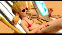 1girl 3d animated banana beach bikini blonde_hair breasts covered_erect_nipples female_focus flat_chest food fruit green_eyes hanzohatori highres illusion_soft inspector_gadget loli looping_animation outdoors penny_(inspector_gadget) sexually_suggestive small_breasts solo sunglasses swimsuit tagme twintails video video
