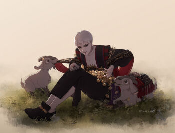 1boy animal black_pants commentary_request flower full_body goat green_eyes highres jewelry male_focus open_mouth outdoors pants puffy_sleeves purple_eyes ring rollo_flamme roro_(haru_roro2) short_hair sitting socks solo twisted_wonderland twitter_username white_hair white_socks yellow_flower