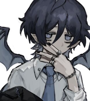 1boy black_hair black_jacket black_nails blue_eyes blue_necktie caelum_(utatatane) chain commission commissioner_upload covering_own_mouth cross cross_earrings demon_wings earrings highres inward_v jacket jewelry looking_at_viewer male_focus medium_hair multiple_rings necktie non-web_source off_shoulder original pointy_ears portrait ring shirt skeb_commission solo taezuodoru_0 v white_shirt wings