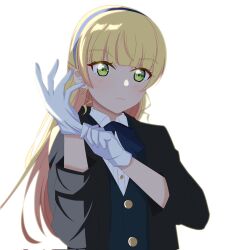 Rule 34 | 1girl, adjusting clothes, adjusting gloves, black jacket, black suit, blonde hair, blue bow, blue bowtie, blue hairband, blue vest, blunt bangs, bow, bowtie, closed mouth, collared shirt, commentary request, formal, gloves, green eyes, hairband, heanna sumire, highres, jacket, kayuu (emitun), long hair, long sleeves, looking at viewer, love live!, love live! superstar!!, open clothes, open jacket, shirt, sidelocks, solo, suit, suit jacket, upper body, vest, waistcoat, white background, white gloves, white shirt