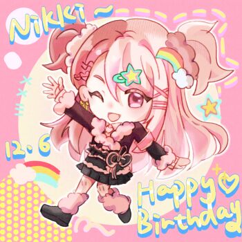Rule 34 | 1girl, armband, black bow, black jacket, black shoes, black skirt, bow, character name, chibi, chinese commentary, collared shirt, commentary request, dated, dotted line, english text, frilled skirt, frills, fur-trimmed jacket, fur-trimmed sleeves, fur leg warmers, fur trim, gyaru, hair between eyes, hair ornament, hair scrunchie, hairclip, halftone, happy, happy birthday, heart, heart hair ornament, infinity nikki, jacket, knees, leg warmers, leo0505, light blush, loafers, long hair, long sidelocks, long sleeves, medium skirt, multicolored hair, nikki (nikki), nikki (series), one eye closed, open mouth, outline, parallel hairclips, pink arm warmers, pink armband, pink background, pink eyes, pink hair, pink leg warmers, pink scrunchie, pink shirt, pleated skirt, rainbow hair, ribbon, ribbon earrings, rosie sweetheart (infinity nikki), scrunchie, shirt, shoes, sidelocks, skirt, smile, solo, split-color hair, star (symbol), star hair ornament, two side up, very long hair, waist bow, waving, white outline, x hair ornament, y2k fashion, yellow ribbon