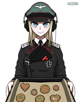 1girl armor black_necktie blonde_hair blue_eyes collared_shirt cookie cross food gloves heart highres holding_pan iron_cross kaplanie koalakanru long_hair medal military_uniform necktie original pauldrons reichsadler shirt shoulder_armor siegrunen solo swastika wehrmacht white_background white_gloves world_war_ii