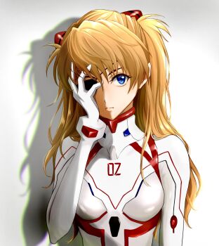 Rule 34 | 1girl, blue eyes, bodysuit, breasts, closed mouth, eva (black survival), eyepatch, gloves, grey background, hair between eyes, hand on own face, highres, interface headset (evangelion), kadotachoko, long hair, looking at viewer, mecha pilot suit, medium breasts, multicolored bodysuit, neon genesis evangelion, orange hair, plugsuit (evangelion), simple background, solo, souryuu asuka langley, turtleneck, two side up, upper body, white bodysuit