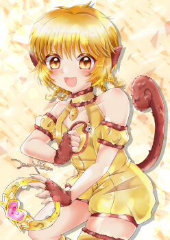 absurdres animal_ears bare_shoulders blonde_hair blush braid breasts choker collarbone fingerless_gloves fong_pudding frilled_thigh_strap fur_gloves gloves highres holding holding_weapon medium_breasts mew_pudding monkey_ears monkey_girl monkey_tail open_mouth puring_ring shirt short_hair smile strapless strapless_shirt tail thigh_strap tokyo_mew_mew tsukishiro_yayoi_(yumeir0) weapon yellow_eyes