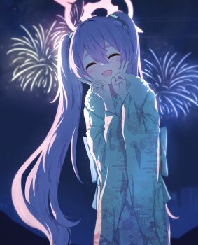 Rule 34 | 1girl, absurdres, alternate costume, blue archive, blue kimono, closed eyes, cowboy shot, double v, facing viewer, fireworks, fur-trimmed kimono, fur trim, halo, hands up, hashtag-only commentary, highres, japanese clothes, kimono, koyuki (blue archive), long hair, night, open mouth, outdoors, pink hair, pink halo, print kimono, smile, solo, twintails, v, yydata1