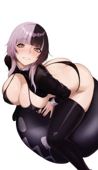 1girl absurdres alternate_costume black_hair black_nails bodysuit breasts commentary dial_kasper highres holoadvent hololive hololive_english large_breasts latex latex_bodysuit long_hair looking_at_viewer multicolored_hair shiori_novella simple_background smile solo split-color_hair two-tone_hair virtual_youtuber yellow_eyes