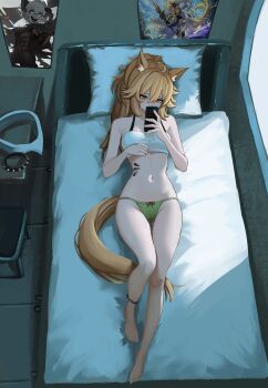 1girl absurdres ahoge animal_ear_fluff animal_ears arknights barefoot bed blonde_hair blyskawica_(flandre5carlet) breasts cellphone commission commissioner_upload crop_top full_body green_eyes green_panties hair_between_eyes highres holding holding_phone horse_ears horse_girl horse_tail infection_monitor_(arknights) long_hair looking_at_phone lying material_growth midriff navel nearl_(arknights) nearl_the_radiant_knight_(arknights) no_jacket non-web_source on_back on_bed original oripathy_lesion_(arknights) panties phone pillow ponytail poster_(object) ribbon-trimmed_panties ribbon_trim scarf second-party_source shirt small_breasts smartphone solo string_panties tail tank_top underwear unworn_collar unworn_scarf white_shirt yan_kodiac