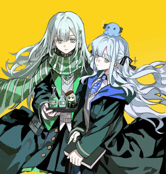 2girls bang_dream! bang_dream!_it&#039;s_mygo!!!!! blue_hair blue_necktie bottle chinese_commentary commentary_request green_hair green_necktie green_scarf grey_sweater hair_ornament hairclip highres hogwarts_school_uniform long_hair mortis_(bang_dream!) mortis_(costume)_(bang_dream!) multiple_girls ne2op necktie octopus scarf school_uniform sidelocks simple_background sweater wakaba_mutsumi wakaba_mutsumi_(doll) wizarding_world yellow_background yellow_eyes