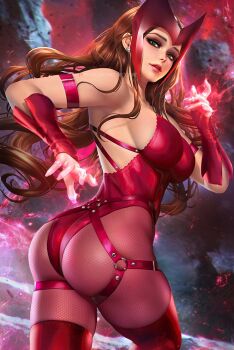 1girl armpits ass bracer breasts earrings fishnet_pantyhose fishnets green_eyes harness jewelry leotard long_hair looking_at_viewer looking_back marvel neoartcore pantyhose red_hair red_leotard red_lips scarlet_witch sideboob solo wanda_maximoff x-men