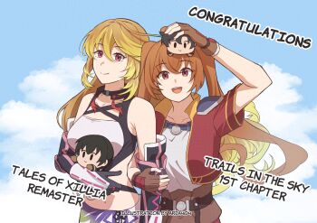 2girls absurdres ahoge aria_404 arm_up armor blonde_hair blue_sky breasts brown_hair character_doll choker cloud commentary congratulations doll eiyuu_densetsu english_commentary english_text eyelashes fingerless_gloves gloves hair_between_eyes happy highres holding holding_another&#039;s_arm holding_doll jude_mathis leather leather_gloves long_hair looking_at_viewer milla_maxwell multiple_girls navel open_mouth pauldrons red_eyes short_hair shoulder_armor skirt sky smile sora_no_kiseki strapless tales_of_(series) tales_of_xillia tube_top twintails very_long_hair