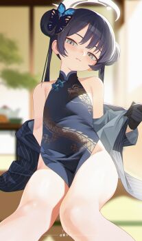 1girl absurdres artist_name bare_shoulders benpao_de_ruoji black_dress black_gloves black_hair blue_archive blurry blurry_background blush braid braided_base braided_bun breasts bun_with_braided_base butterfly_hair_ornament china_dress chinese_clothes double_bun dragon_print dress gloves grey_eyes grey_halo hair_bun hair_ornament halo head_tilt highres jacket jacket_partially_removed kisaki_(blue_archive) loli long_hair looking_at_viewer no_panties open_clothes open_jacket pelvic_curtain print_dress sitting sleeveless sleeveless_dress small_breasts solo striped_clothes striped_jacket twintails vertical-striped_clothes vertical-striped_jacket