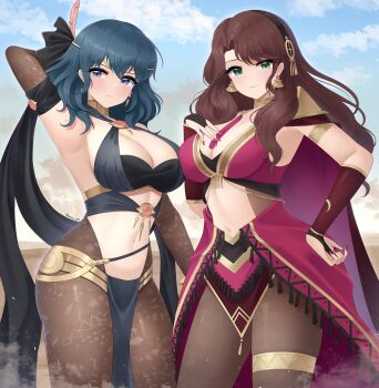 2girls absurdres alternate_costume armpits bare_shoulders blue_eyes blue_hair blush breasts bridal_gauntlets bridal_legwear brown_hair cape cleavage closed_mouth commentary cosplay criss-cross_halter dancer detached_sleeves doiparuni dorothea_arnault dorothea_arnault_(cosplay) dorothea_arnault_(plegian) dorothea_arnault_(plegian)_(cosplay) earrings english_commentary female_byleth_(fire_emblem) female_byleth_(fire_emblem)_(cosplay) female_byleth_(jehanna)_(fire_emblem) fire_emblem fire_emblem:_three_houses fire_emblem_heroes gold_collar green_eyes hairband halterneck hand_on_own_chest harem_outfit highres jewelry large_breasts loincloth long_hair looking_at_viewer medium_hair multiple_girls nail_polish navel nintendo pantyhose pelvic_curtain purple_nails red_nails smile stomach thighs