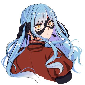 1girl bang_dream! bang_dream!_it&#039;s_mygo!!!!! black_ribbon black_sleeves blue_hair commentary domino_mask dress earrings english_commentary english_text eye_mask hair_ribbon highres jewelry long_hair looking_at_viewer looking_back mask oblivionis_(bang_dream!) red_dress ribbon seratartt sidelocks simple_background solo togawa_sakiko twitter_username upper_body white_background yellow_eyes