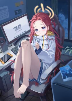 1girl :o absurdres bare_legs barefoot blue_archive blue_eyes blush calendar_(object) chair chinese_commentary cloud commentary computer computer_keyboard curtains feet forehead frown full_body furrowed_brow gaming_chair halo hand_on_own_knee highres indoors knees_up legs long_hair looking_at_viewer looking_to_the_side mixian night nintendo_switch open_mouth orange_halo parted_bangs plant red_hair serika_(blue_archive) shiroko_(blue_archive) shy sitting sky solo star_(sky) sticky_note swivel_chair toenails toes very_long_hair window yuzu_(blue_archive)