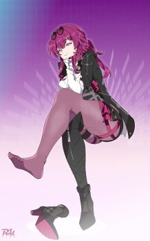 1girl absurdres artist_logo crossed_legs feet highres honkai:_star_rail honkai_(series) kafka_(honkai:_star_rail) logo long_hair looking_at_viewer pantyhose pink_eyes r3dfive red_hair shoes soles sunglasses_on_head toes unworn_shoes