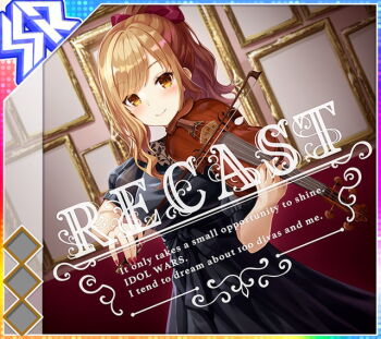 Rule 34 | 1girl, album cover, black dress, blush, bow, bow (music), breasts, brown hair, closed mouth, cover, dress, dutch angle, english text, game cg, hair bow, high ponytail, holding, holding bow (music), idol wars, indoors, large breasts, long hair, official art, omiya aine, orange eyes, playing violin, ponytail, puffy short sleeves, puffy sleeves, red bow, red nails, short sleeves, sidelocks, smile, solo, swept bangs, third-party source