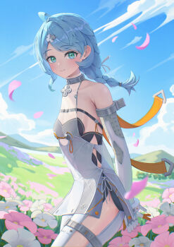 1girl absurdres ahoge arms_behind_back bare_shoulders blue_hair blue_sky breasts closed_mouth cloud elbow_gloves falling_petals floating_hair flower gloves gonza3_v highres long_hair looking_at_viewer outdoors petals pink_flower screw_hair_ornament seed_(zenless_zone_zero) sky small_breasts smile solo standing white_flower white_gloves zenless_zone_zero