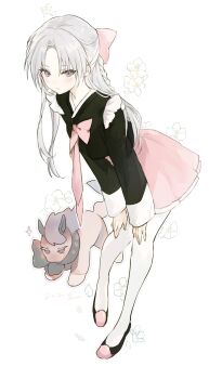 Rule 34 | 1girl, black shirt, black shoes, bow, braid, closed mouth, commentary, english commentary, floral background, flower, grey eyes, grey hair, hair bow, highres, leaning forward, long hair, long sleeves, looking at viewer, lpip, original, pantyhose, parted bangs, pink bow, pink skirt, shirt, shoes, simple background, skirt, sleeves past wrists, smile, sparkle, standing, very long hair, white background, white flower, white pantyhose