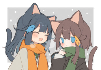 2girls :< :d animal_ears black_coat black_hair blue_eyes blunt_bangs blush border brown_hair cat_ears cat_girl cat_tail closed_eyes closed_mouth coat commentary fang fish_hair_ornament green_scarf grey_background grey_sweater hair_ornament hand_up long_hair long_sleeves multiple_girls noamem open_mouth orange_scarf original outside_border scarf short_hair smile snowing sweater tail upper_body white_border