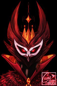 1boy absurdres black_cloak black_sclera cloak colored_sclera cosmicraven117 crown demon_boy furry furry_male gold_crown hellaverse helluva_boss highres looking_at_viewer owl_boy paimon_(helluva_boss) red_eyes solo
