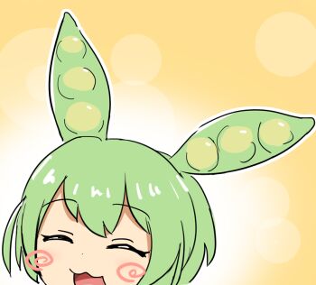 Rule 34 | 1girl, closed eyes, commentary request, green hair, head only, open mouth, pea pod, smile, solo, sus304 a, voiceroid, voicevox, yellow background, zundamon