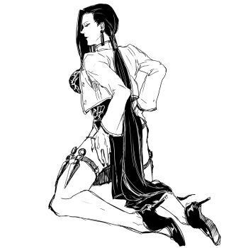 1girl back black_lagoon earrings female_focus from_behind full_body high_heels highres jewelry lipstick long_hair makeup monochrome nail_polish nanashi_(ozwzw) panties panty_pull sharp_nails shenhua simple_background solo traditional_clothes underwear weapon white_background