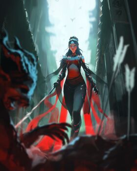 1girl alley animal arrow_(projectile) arrow_in_body bird black_bodysuit black_eyes black_hair bodysuit breasts building claws closed_mouth clothing_cutout collared_bodysuit commentary crawling demon english_commentary fangs feet_out_of_frame from_below highres holding holding_sword holding_weapon horns long_hair looking_at_another looking_down mandarin_collar medium_breasts open_mouth original parted_bangs sam_yang shoulder_cutout solo_focus sword walking weapon