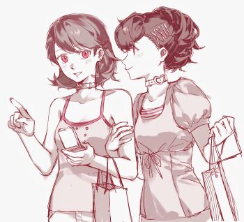 2girls bag bare_shoulders blush camisole cellphone choker closed_mouth collarbone flip_phone flipped_hair hair_ornament hairclip hand_on_another's_arm hashtag-only_commentary heart heart_choker highres holding holding_bag holding_phone looking_at_another moskk884006 multiple_girls official_alternate_costume parted_lips persona persona_3 persona_3_portable phone pink_eyes pointing pointing_forward puffy_short_sleeves puffy_sleeves shiomi_kotone shirt shopping_bag short_hair short_sleeves simple_background smile swept_bangs takeba_yukari upper_body