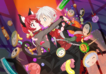 Rule 34 | 1boy, 1girl, black dress, boots, commentary request, dress, fumiko (mesushi), green hair, halloween, halloween costume, hat, iria animi, lace-up boots, pumpkin, red dress, red eyes, red hair, ruca milda, short hair, skirt, striped clothes, striped thighhighs, tales of (series), tales of innocence, thighhighs, witch hat