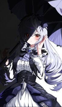 1girl ascot black_nails blush bow bowtie breast_curtains center_frills commentary_request drill_hair frills gem glowing glowing_eye hair_between_eyes hairband hand_in_own_hair highres holding holding_umbrella long_hair mole mole_under_eye pointy_ears purple_ascot purple_bow purple_bowtie purple_gemstone purple_hair purple_hairband purple_umbrella red_eyes shadow shrug_(clothing) sideboob_cutout solo umbrella vivian_banshee white_background white_shrug yeni1871 zenless_zone_zero