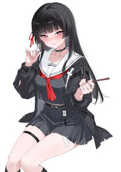 Rule 34 | 1girl, arm cutout, black choker, black hair, black jacket, black serafuku, black shirt, black skirt, blush, breasts, chisa (wuthering waves), choker, clothing cutout, collarbone, commentary, embarrassed, feet out of frame, fingernails, food, hair ribbon, highres, holding, holding food, holding pocky, id card, invisible chair, isokaze12, jacket, long hair, long sleeves, looking at viewer, medium breasts, mole, mole under eye, neckerchief, parted lips, pocky, red eyes, red neckerchief, red ribbon, ribbon, sailor collar, school uniform, serafuku, shirt, simple background, sitting, skirt, solo, thigh strap, thighs, white background, white sailor collar, wuthering waves