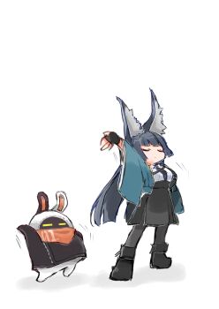 1girl animal_ear_fluff animal_ears arm_up az79709363 bandana bangboo_(zenless_zone_zero) black_gloves black_hair black_pantyhose black_shoes black_skirt closed_eyes eous_(zenless_zone_zero) fingerless_gloves fox_ears fox_girl full_body gloves highres hoshimi_miyabi long_hair orange_bandana pantyhose shoes simple_background sketch skirt standing white_background wide_sleeves zenless_zone_zero