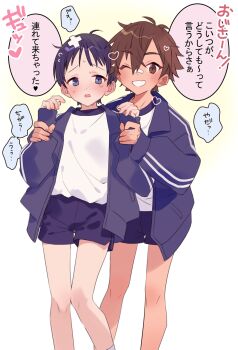2boys bandaid bandaid_on_face bandaid_on_nose black_shorts blue_eyes blue_hair blue_jacket brown_eyes brown_hair fang gym_shirt gym_shorts gym_uniform hair_between_eyes hands_on_another&#039;s_hands hands_up highres jacket looking_at_viewer male_focus mobu_45 multiple_boys one_eye_closed open_clothes open_jacket open_mouth original shirt short_hair shorts speech_bubble tan trans white_shirt