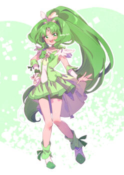 1girl boots bow bowtie brooch choker circlet commentary cure_march dot_nose eyelashes feather_sleeves footwear_ribbon frilled_skirt frills full_body green_background green_bow green_bowtie green_choker green_eyes green_hair green_leg_warmers green_ribbon green_shirt green_shorts green_skirt green_theme green_wrist_cuffs hair_ornament hairpods hand_on_own_hip high_ponytail jewelry knees leg_warmers light_blush long_hair looking_at_viewer magical_girl midorikawa_nao miniskirt open_mouth outline parted_bangs pleated_skirt ponytail precure ribbon serizawa_serizane shirt short_sleeves shorts shorts_under_skirt skirt skirt_set smile smile_precure! solo standing teeth train_(clothing) twitter_username two-tone_background upper_teeth_only very_long_hair white_arm_warmers white_background white_boots white_outline white_sleeves wing_hair_ornament wrist_cuffs