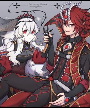 1boy 1girl aluber_(yu-gi-oh!) aluber_the_jester_of_despia black_hair black_tiara black_veil blazing_cartesia_the_virtuous breasts checkered_clothes cleavage closed_mouth collarbone commentary_request dragon_boy dragon_horns dress duel_monster ecclesia_(yu-gi-oh!) gauntlets grey_background hair_between_eyes hair_ornament holding_hands horns long_hair long_sleeves looking_at_viewer medium_breasts multicolored_hair open_mouth red_dress red_eyes simple_background smile the_bystial_aluber tiara veil white_hair yoruno_tori3 yu-gi-oh!