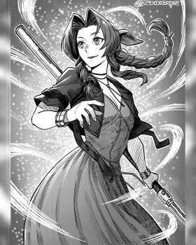 1girl aerith_gainsborough bracelet braid braided_ponytail breasts choker cleavage commentary dress drill_hair drill_sidelocks final_fantasy final_fantasy_vii greyscale hatching_(texture) highres holding holding_polearm holding_weapon instagram_username jewelry linear_hatching long_dress monochrome necklace open_mouth outside_border pillarboxed polearm seveninks sidelocks single_braid small_breasts smile solo weapon