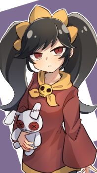 1girl ashley_(warioware) black_hair closed_mouth commentary dress frown hairband highres holding holding_stuffed_toy long_hair long_sleeves looking_at_viewer neckerchief nintendo outline red_dress red_eyes sabatha0424 simple_background skull_ornament solo stuffed_animal stuffed_rabbit stuffed_toy twintails warioware white_outline yellow_hairband yellow_neckerchief