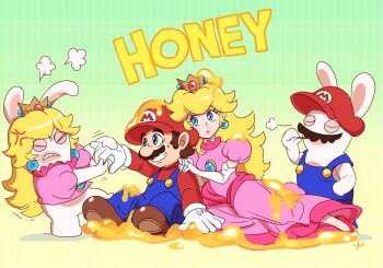 2boys 2girls agua_mp anger_vein blonde_hair commentary_request crown dress facial_hair gloves hands_on_another&#039;s_shoulders hat highres honey mario mario_(series) mario_+_rabbids_kingdom_battle mini_crown multiple_boys multiple_girls mustache nintendo overalls pink_dress princess_peach pulling rabbid_mario rabbid_peach raving_rabbids stuck white_gloves